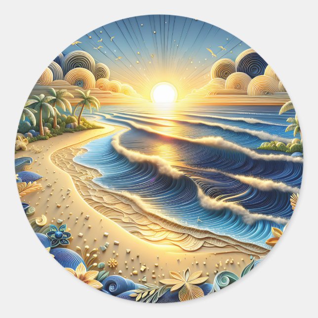 Ocean View Tropical Paper Quilling Effect  Classic Round Sticker (Front)