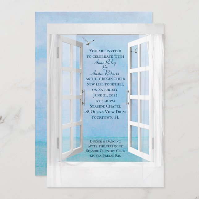 Ocean View Window wedding with seagulls Invitation (Front/Back)