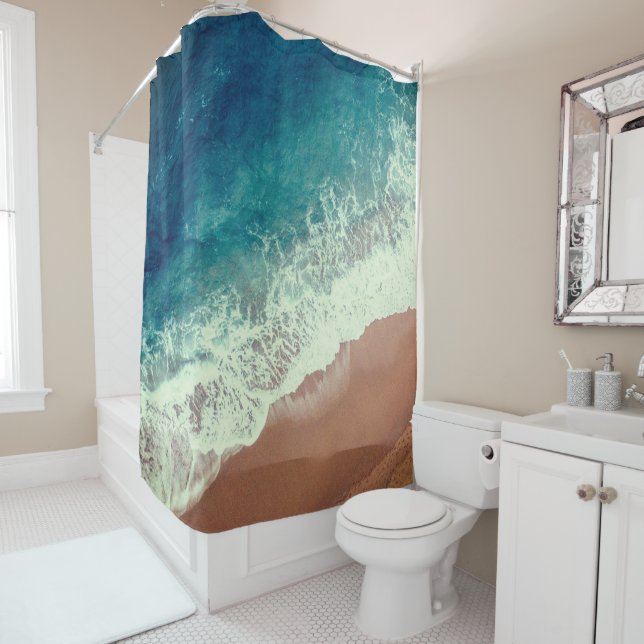 Ocean water beach sand seaside shore blue brown  shower curtain (In Situ)