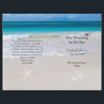 Ocean Water & Beach Sand Wedding Program Template<br><div class="desc">Beach wedding folded wedding program with text on four pages. Paper measures 8.5 by 11 inches and a beach scene is printed on both sides. White sea stars, or starfish, decorate the front and back. Text templates create a front page, two pages inside and a back page. Black text is...</div>