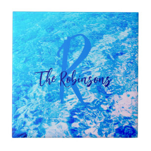 Ocean water blue teal Template family name initial Ceramic Tile