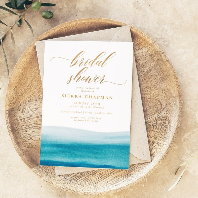 Ocean Watercolor Gold Script Beach Bridal Shower Invitation (Creator Uploaded)