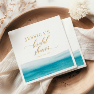 Ocean Watercolor Gold Script Beach Bridal Shower Napkin