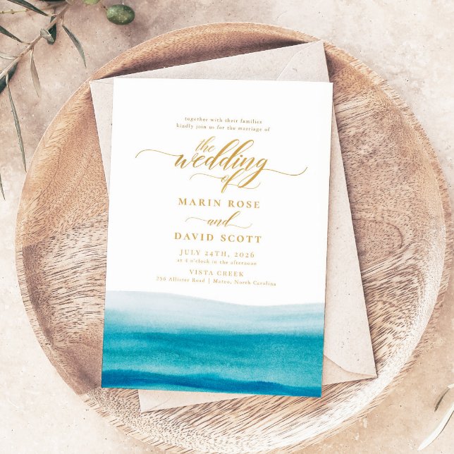 Ocean Watercolor Gold Script Beach Wedding Invitation (Creator Uploaded)