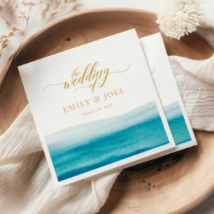 Ocean Watercolor Gold Script Beach Wedding Napkin