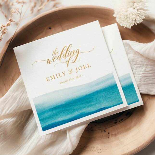 Ocean Watercolor Gold Script Beach Wedding Napkin (Creator Uploaded)