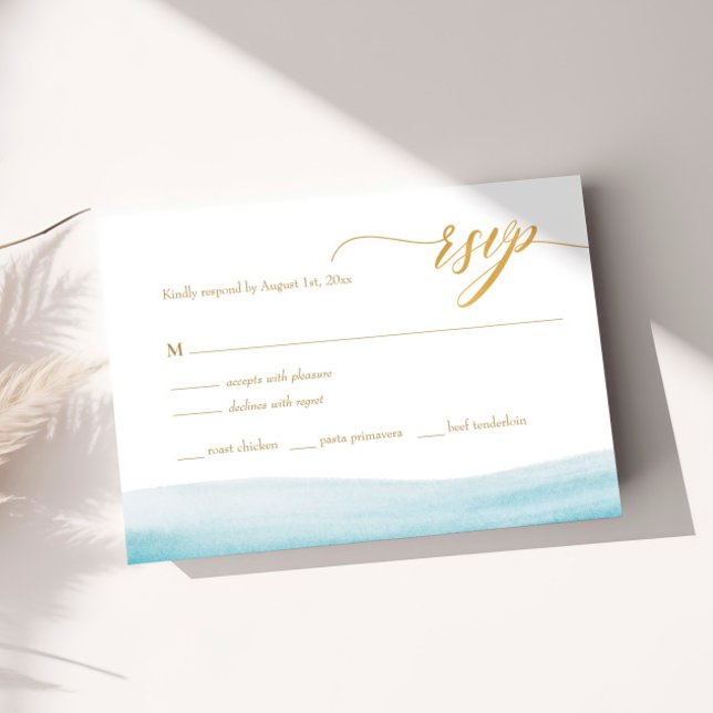 Ocean Watercolor Gold Script Beach Wedding RSVP (Creator Uploaded)