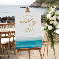 Ocean Watercolor Gold Script Beach Wedding Welcome