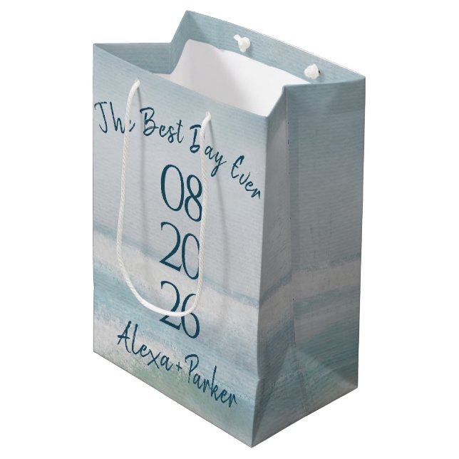 Ocean Watercolor Wedding Date Medium Gift Bag (Front Angled)