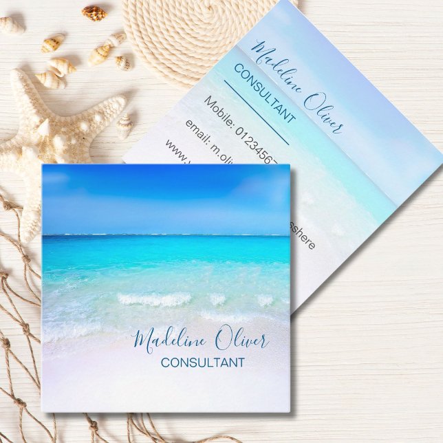 Ocean Wave Beach Blue Scene Modern Monogram Square Square Business Card (Creator Uploaded)
