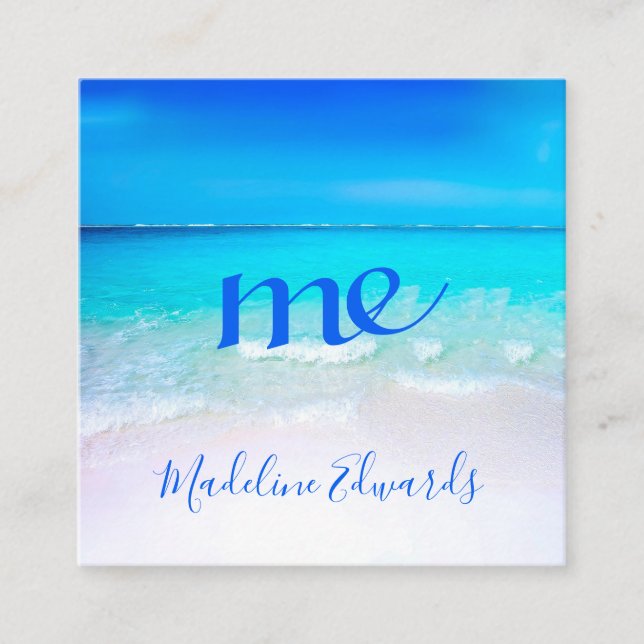 Ocean Wave Beach Scene Blue Modern Monogram Square Business Card (Front)