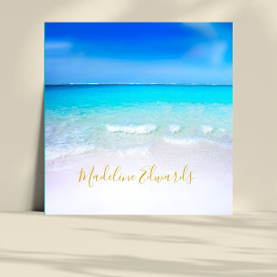 Ocean Wave Beach Scene Gold Modern Monogram Square Business Card