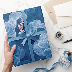 Ocean Wave Deep Blue Mist White Abstract Pattern Wrapping Paper