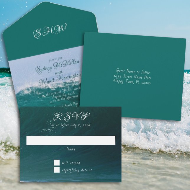 Ocean Wave Deep Sea Green Wedding All In One Invitation (Creator Uploaded)