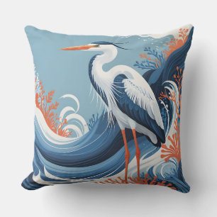 ocean wave heron outdoor pillow