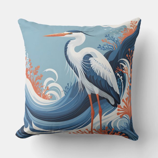 ocean wave heron outdoor pillow (Front)