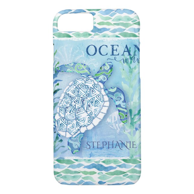 Ocean Wave Modern Triangle Pattern Sea Turtle Case-Mate iPhone Case (Back)