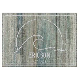 Ocean Wave on Wood Plank Texture Family Name Beach Cutting Board