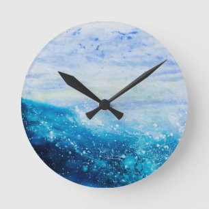 Ocean wave painting, sea foam round clock