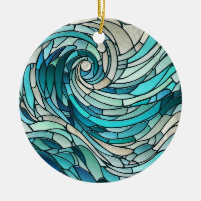 Ocean Wave Spiral Mosaic  Ceramic Ornament (Front)