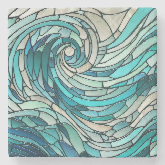 Ocean Wave Spiral Mosaic  Stone Coaster (Front)