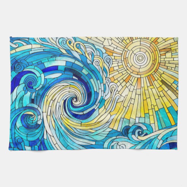 Ocean Wave Sun mosaic art Tea Towel (Horizontal)