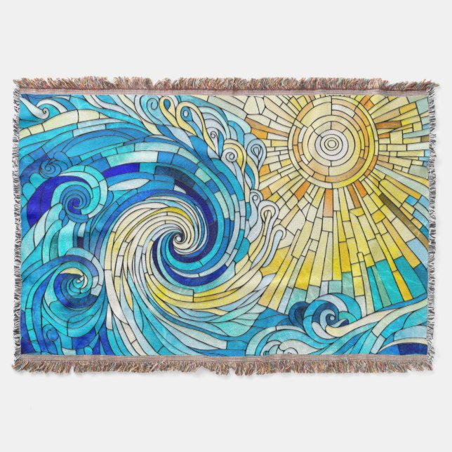 Ocean Wave Sun mosaic art Throw Blanket (Front)