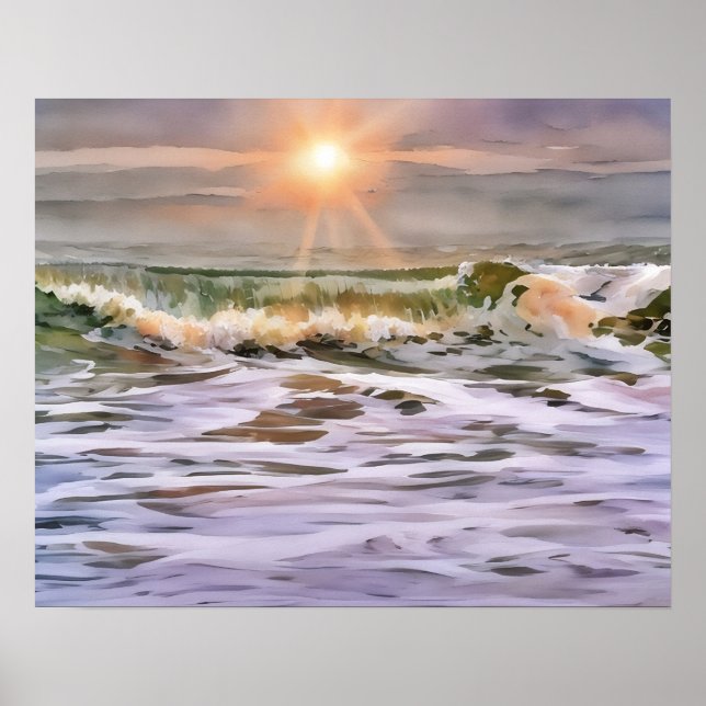 Ocean Wave Sunset Illustrated Art Poster (Front)