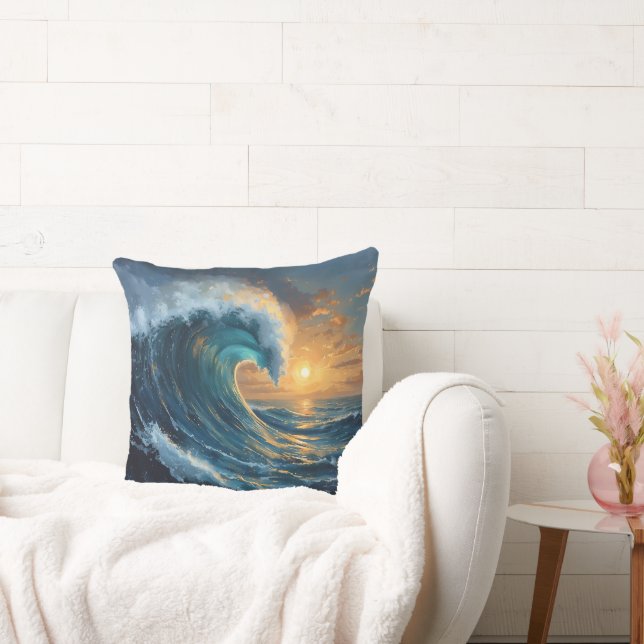 Ocean Wave Sunset Throw Pillow – Abstract Sea Art  (Couch)
