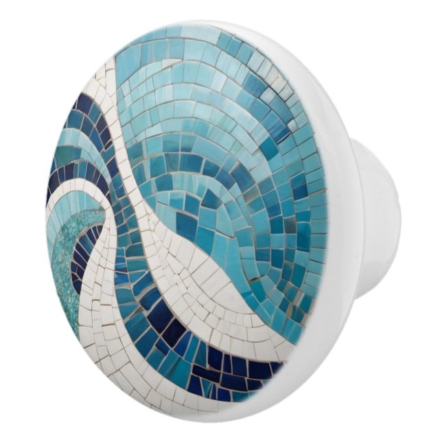 Ocean Waves Abstract Sea Blue Nautical Faux Mosaic Ceramic Knob (Right)