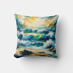 Ocean Waves And Sunrise Abstract Painted Art Cushion