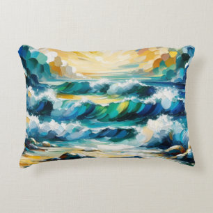 Ocean Waves And Sunrise Abstract Painted Art Decorative Cushion