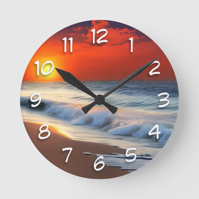 Ocean Waves and Sunset on Sandy Shower Round Clock (Front)