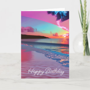 Ocean Waves and Sunset, Pink Sand, Happy Birthday Card