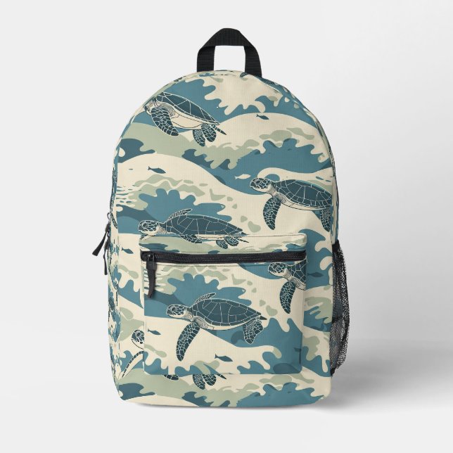 Ocean Waves and Turtles Design Printed Backpack (Front)