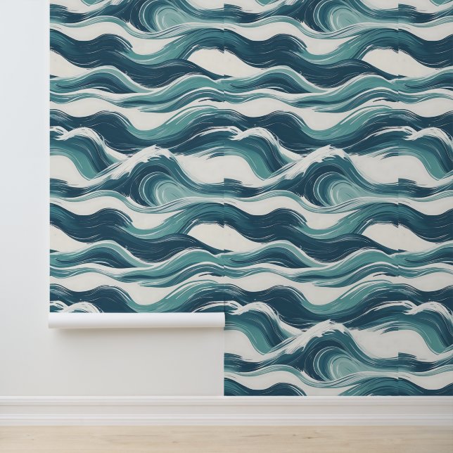 Ocean Waves Artistic Teal Blue White Removable Wallpaper (Application)
