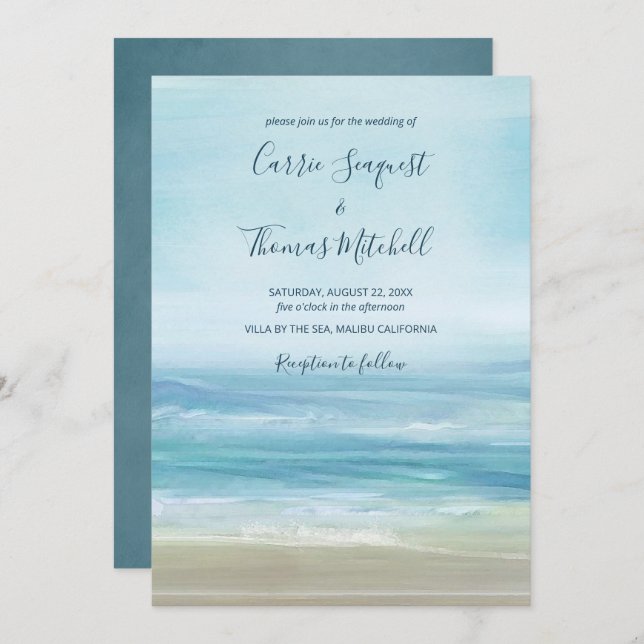 Ocean Waves Beach Abstract Watercolor Wedding Invitation (Front/Back)