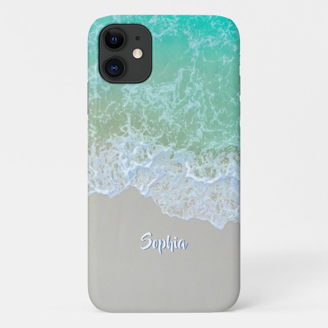 Ocean Waves, Beach Sand, White Script Name Case-Mate iPhone Case (Back)