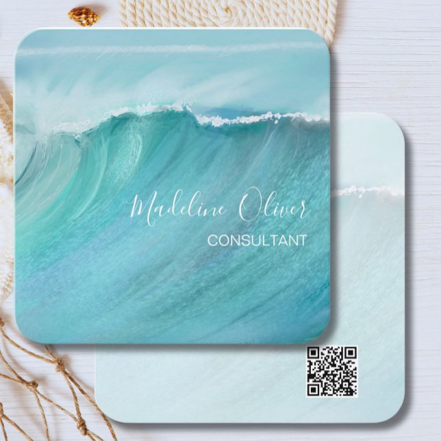 Ocean Waves Beach Sea Travel QR Code Modern Square Business Card (Creator Uploaded)