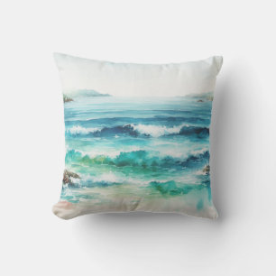 Ocean Waves Beach Watercolor Painting Cushion