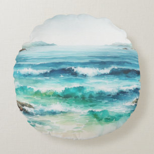 Ocean Waves Beach Watercolor Painting Round Cushion