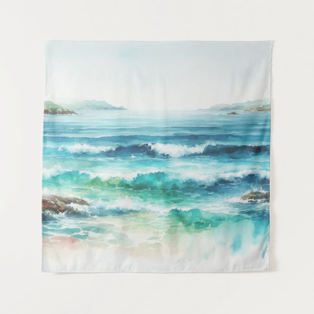 Ocean Waves Beach Watercolor Painting Tapestry (Front)