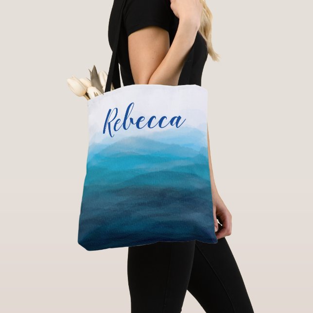 Ocean Waves Beach Watercolor Tote Bag, Turquoise Bag (Close Up)