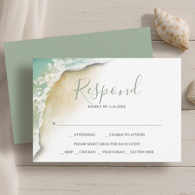 Ocean Waves Beach Wedding Reply RSVP (Beach wedding rsvp card watercolor seashore art by Victoria Grigaliunas of Do Tell A Belle)