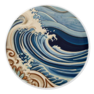 Ocean Waves Blue and White Sea by Moonlight Ceramic Knob