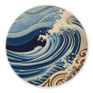Ocean Waves Blue and White Sea by Moonlight Ceramic Knob