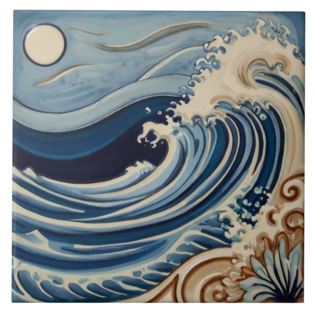Ocean Waves Blue and White Sea by Moonlight Ceramic Tile (Front)