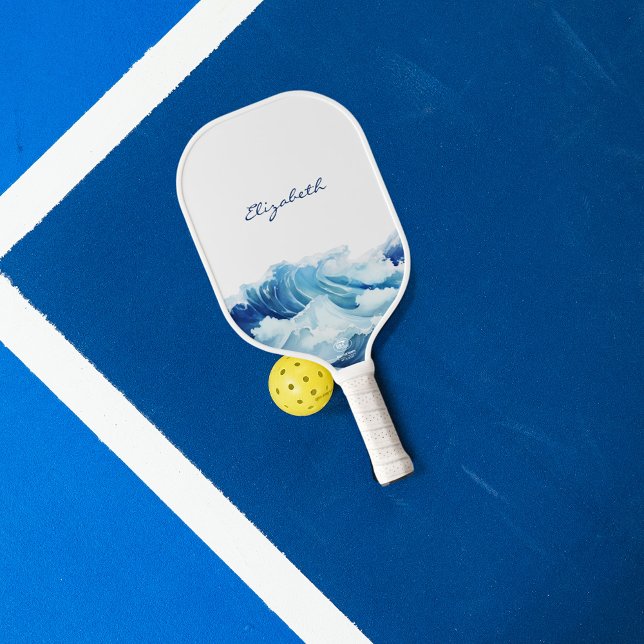 Ocean waves blue name script pickleball paddle (Creator Uploaded)