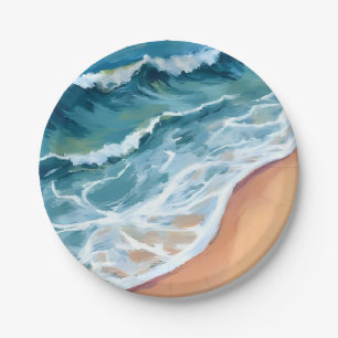 Ocean Waves Blue Watercolor Coastal Paper Plate