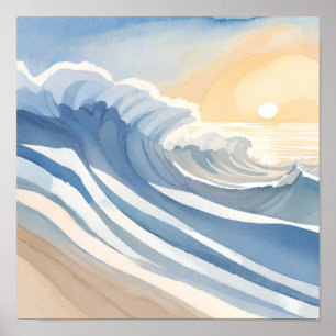 Ocean Waves Blue Watercolor Poster